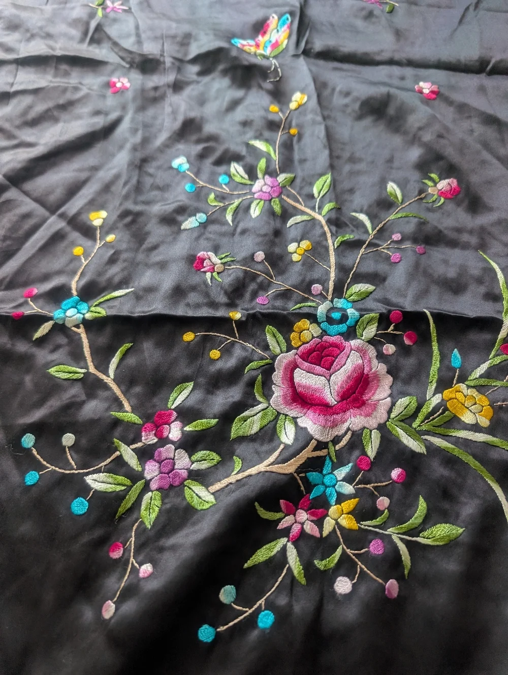 Embroidered Floral Scarf Shawl Black 100% Silk Tassel Women's Accessory - Picture 8 of 16